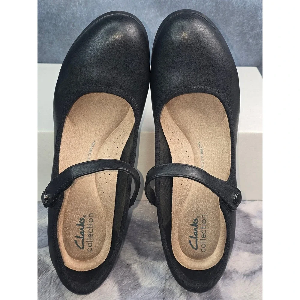 EUC Clarks Bayla Lily Mary Jane Pump Black Leather Block Heel Womens 7.5